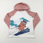 Monster Skiing White & Pink Long Sleeve Top With Hood - Girls 12-13 Years