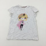 Girl Glittery White Striped T-Shirt - Girls 5-6 Years