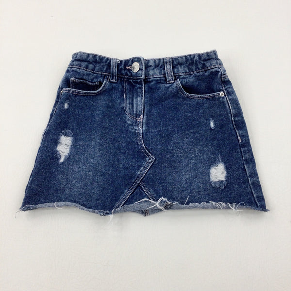 Distressed Mid Blue Denim Skirt With Adjustable Waist - Girls 5-6 Years