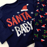 'Santa Baby' Holly & Santa Hats Navy Pyjamas - Boys/Girls - 0-3 Months