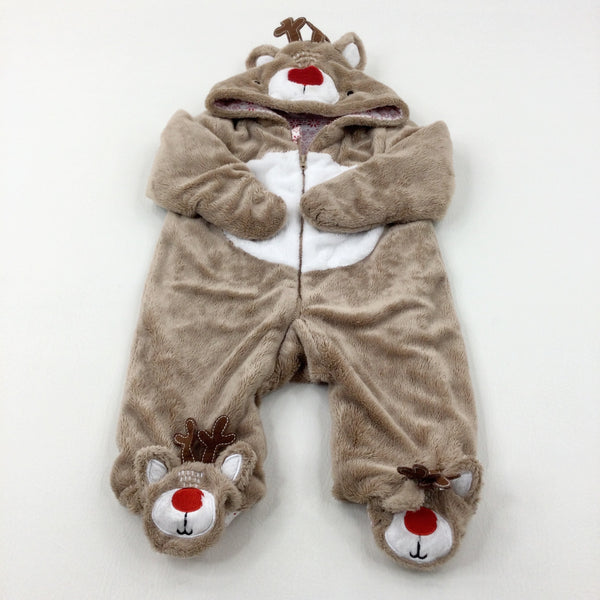 Reindeer Beige Fluffy Pramsuit - Boys/Girls 6-9 Months