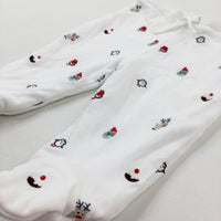 Penguins & Reindeer Embroidered White Padded Trousers - Boys/Girls 3-6 Months