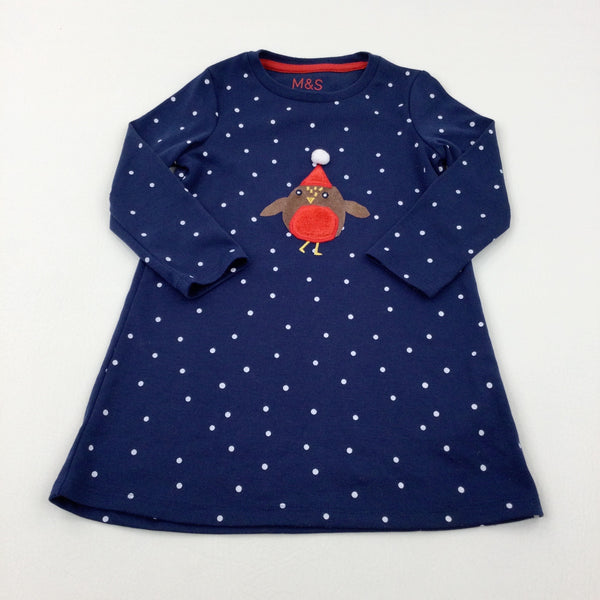 Robin Appliqued Spotty Navy Jersey Dress - Girls 18-24 Months