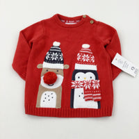 **NEW** Reindeer & Penguin Appliqued Red Knitted Jumper - Boys/Girls 3-6 Months