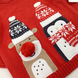 **NEW** Reindeer & Penguin Appliqued Red Knitted Jumper - Boys/Girls 3-6 Months