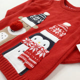 **NEW** Reindeer & Penguin Appliqued Red Knitted Jumper - Boys/Girls 3-6 Months