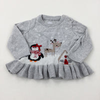 Penguin & Reindeer Sparkly Grey Knitted Jumper - Girls 3-6 Months