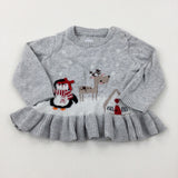 Penguin & Reindeer Sparkly Grey Knitted Jumper - Girls 3-6 Months