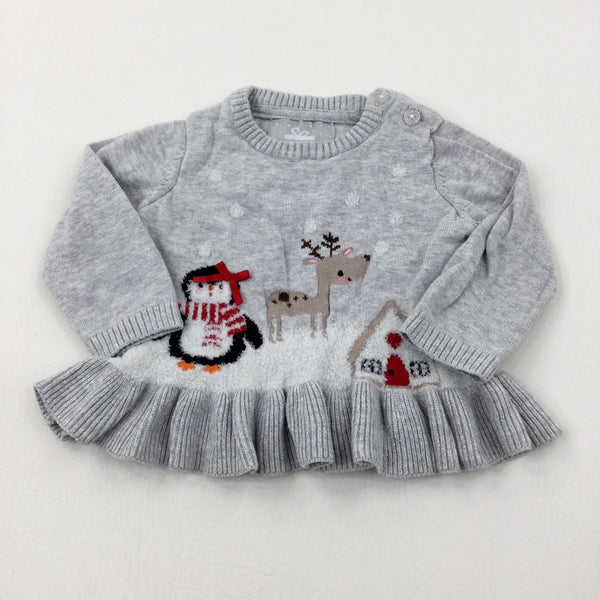 Penguin & Reindeer Sparkly Grey Knitted Jumper - Girls 3-6 Months