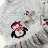 Penguin & Reindeer Sparkly Grey Knitted Jumper - Girls 3-6 Months