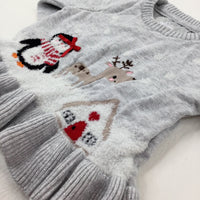 Penguin & Reindeer Sparkly Grey Knitted Jumper - Girls 3-6 Months