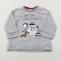 'My 1st Christmas' Snowman Appliqued Grey Striped Long Sleeve Top - Boys/Girls 3-6 Months