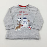 'My 1st Christmas' Snowman Appliqued Grey Striped Long Sleeve Top - Boys/Girls 3-6 Months