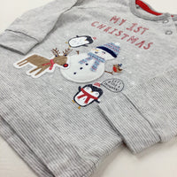 'My 1st Christmas' Snowman Appliqued Grey Striped Long Sleeve Top - Boys/Girls 3-6 Months