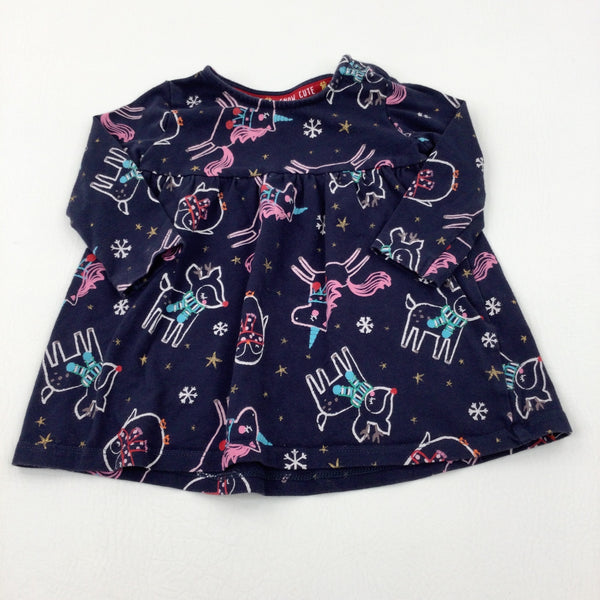 Reindeer & Penguins Navy Jersey Dress - Girls 3-6 Months