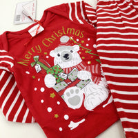 **NEW** 'Merry Christmas' Polar Bear Glittery Red Striped Pyjamas - Boys/Girls 6-9 Months