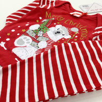 **NEW** 'Merry Christmas' Polar Bear Glittery Red Striped Pyjamas - Boys/Girls 6-9 Months