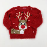 Reindeer Appliqued & Sequinned Sparkly Red Knitted Jumper - Girls 18-24 Months