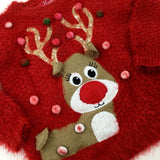 Reindeer Appliqued & Sequinned Sparkly Red Knitted Jumper - Girls 18-24 Months