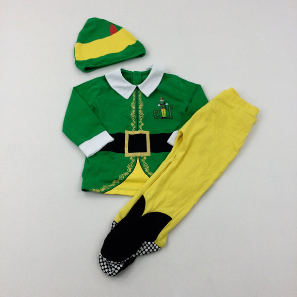 ''Elf' Glittery Green & Yellow Long Sleeve Top Jersey Trousers & Hat Set - Boys 9-12 Months