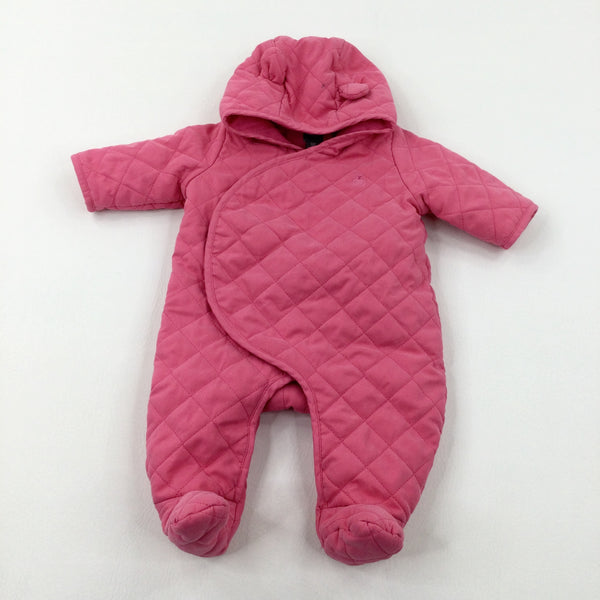 Teddy Motif Pink Padded Pramsuit - Girls 0-3 Months