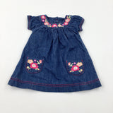 Flowers Embroidered Blue Denim Dress - Girls 3-6 Months