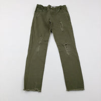 Distressed Khaki Denim Jeans With Adjustable Waist - Girls 8-9 Years