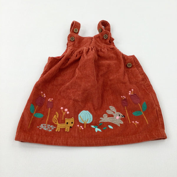 Fox & Bunny Appliqued Brown Cord Dungaree Dress - Girls 3-6 Months