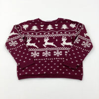 Christmas Trees & Reindeer Burgundy Knitted Jumper - Girls 18-24 Months