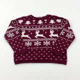 Christmas Trees & Reindeer Burgundy Knitted Jumper - Girls 18-24 Months