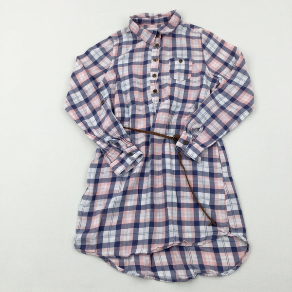 Blue & Pink Checked Shirt Dress - Girls 9-10 Years