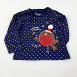 'Seasons Tweetings' Robin Appliqued & Sequinned Spotty Navy Long Sleeve Top - Girls 6-9 Months