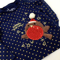 'Seasons Tweetings' Robin Appliqued & Sequinned Spotty Navy Long Sleeve Top - Girls 6-9 Months