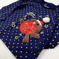 'Seasons Tweetings' Robin Appliqued & Sequinned Spotty Navy Long Sleeve Top - Girls 6-9 Months