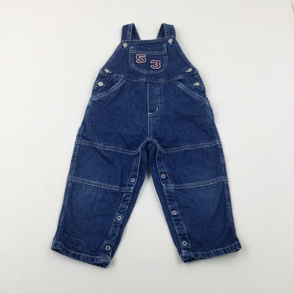 '53' Appliqued Mid Blue Denim Dungarees - Boys 12-18 Months