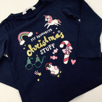 'My Favourite Christmas Stuff' Unicorns & Penguins Glittery Navy Long Sleeve Top - Girls 3-4 Years