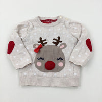 Reindeer Embroidered Spotty Cream Knitted Jumper - Girls 9-12 Years