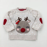 Reindeer Embroidered Spotty Cream Knitted Jumper - Girls 9-12 Years