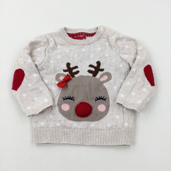 Reindeer Embroidered Spotty Cream Knitted Jumper - Girls 9-12 Years