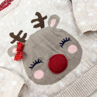 Reindeer Embroidered Spotty Cream Knitted Jumper - Girls 9-12 Years