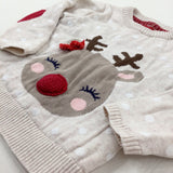 Reindeer Embroidered Spotty Cream Knitted Jumper - Girls 9-12 Years