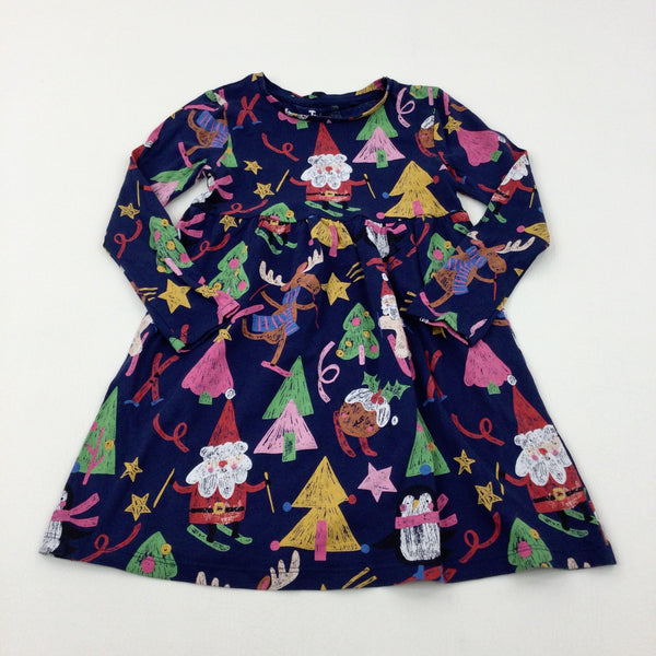 Father Christmas & Reindeer Colourful Navy Jersey Dress - Girls 4-5 Years