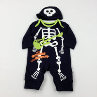 'My Bones Are Rocking' Skeleton Black Romper & Jersey Hat Set - Boys - Newborn