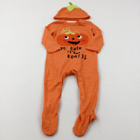 'So Cute It's Scary!' Pumpkin Appliqued Orange Babygrow & Jersey Hat Set - Boys/Girls 6-9 Months