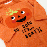 'So Cute It's Scary!' Pumpkin Appliqued Orange Babygrow & Jersey Hat Set - Boys/Girls 6-9 Months