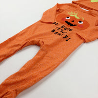 'So Cute It's Scary!' Pumpkin Appliqued Orange Babygrow & Jersey Hat Set - Boys/Girls 6-9 Months