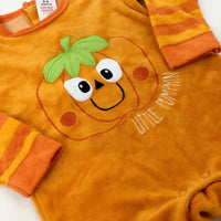 'Little Pumpkin' Appliqued Orange Velour Babygrow - Boys/Girls 6-9 Months