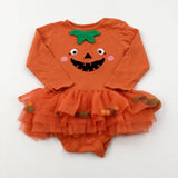 Pumpkin Appliqued Orange Long Sleeve Bodysuit With Pom Poms Net Skirt - Girls 12-18 Months