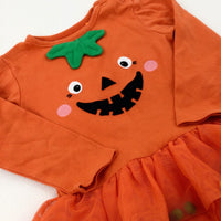 Pumpkin Appliqued Orange Long Sleeve Bodysuit With Pom Poms Net Skirt - Girls 12-18 Months