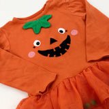 Pumpkin Appliqued Orange Long Sleeve Bodysuit With Pom Poms Net Skirt - Girls 12-18 Months